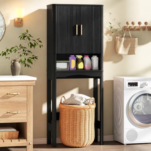Vabches Farmhouse Over the Toilet Storage Cabinet with 2 Fluted Doors,Black