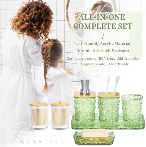 Green Bathroom Accessories Set 7 Pcs, Green Bathroom Sets, Acrylic Soap Dispenser and Toothbrush Holder Set, Qtip Holder Set, Bathroom Sink Set, Gift for Home Apartment
