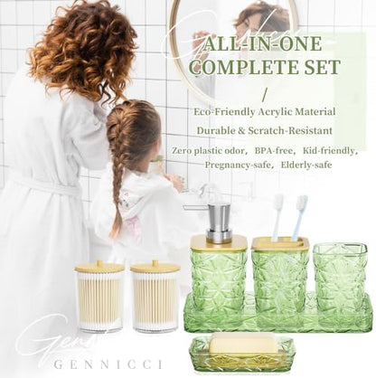 Green Bathroom Accessories Set 7 Pcs, Green Bathroom Sets, Acrylic Soap Dispenser and Toothbrush Holder Set, Qtip Holder Set, Bathroom Sink Set, Gift for Home Apartment