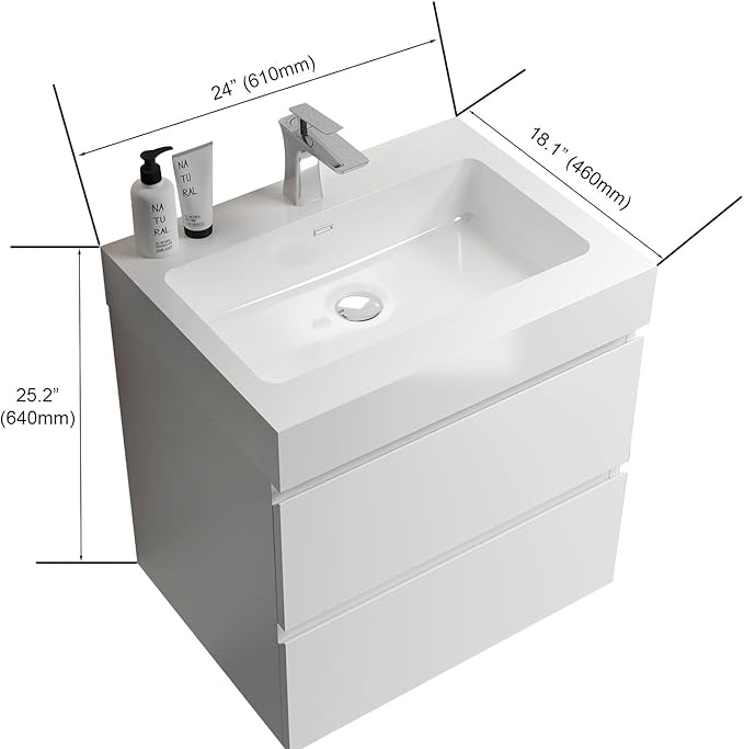 24" Floating Bathroom Vanity with Sink, Modern Bathroom Cabinet with Top & Soft Close Drawers, Spacious Storage for Small Space, White - Lavanda Collection