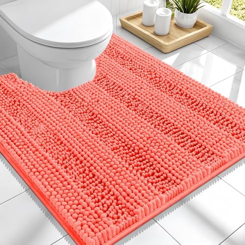 Smiry Thick Chenille Toilet Rugs U-Shaped 24x20, Absorbent Bath Mat, Coral