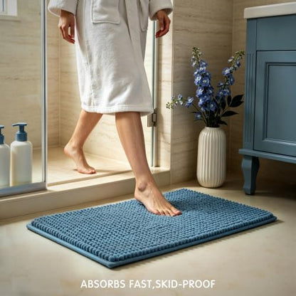 SUBRTEX Bathroom Rugs Chenille Bath Rug Soft Short Plush Bath Mat Soft Shower Mat Water Absorbent Shower Mat Quick Dry Machine Washable(Stone Blue,18" x 24")