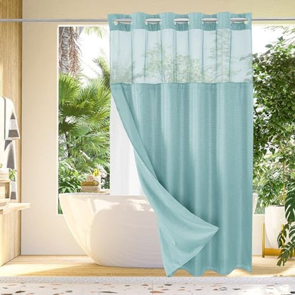Gibelle No Hook Cloth Teal Shower Curtain with Liner, 72x80