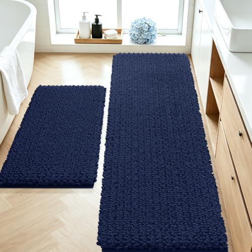 ACCUMTEK Upgrade Luxury 2 Piece Navy Blue Toilet Bathroom Rug Mat 60"x20"+32"x20", Ultra Soft Thick Absorbent Bath Mats, Non Slip Chenille Toilet Mat for Bathroom, Bedroom, Kitchen, Shower, Tub