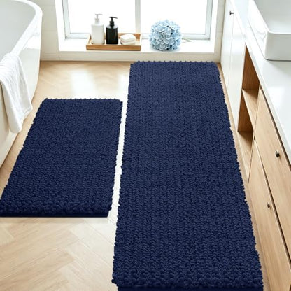 ACCUMTEK Upgrade Luxury 2 Piece Navy Blue Toilet Bathroom Rug Mat 60"x20"+32"x20", Ultra Soft Thick Absorbent Bath Mats, Non Slip Chenille Toilet Mat for Bathroom, Bedroom, Kitchen, Shower, Tub