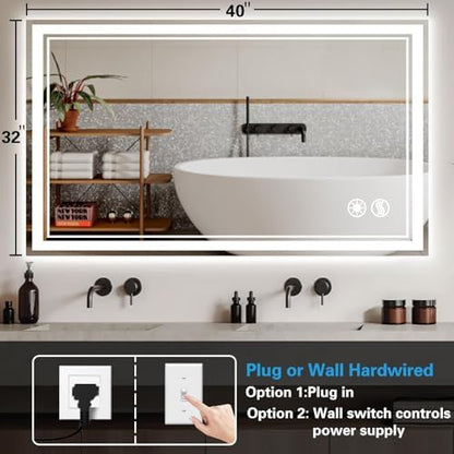 32 x 40'' LED Bathroom Mirror, Anti-Fog, Dimmable 3 Colors