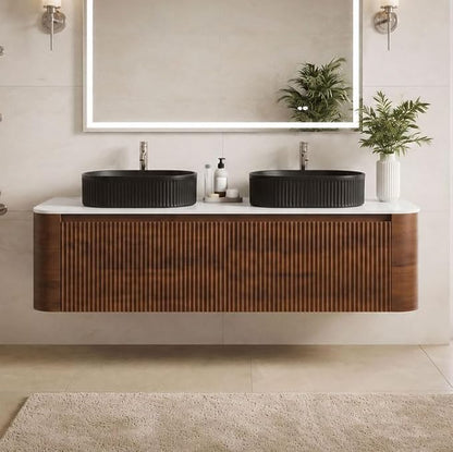 60" Preassembled Double Floating Bathroom Vanity with Black Sink, Walnut | Mid-Century Modern Style, Fluted & Soft-Close Drawer with U-shaped Wall, Sinterted Stone Countertop, Towel Rack Included