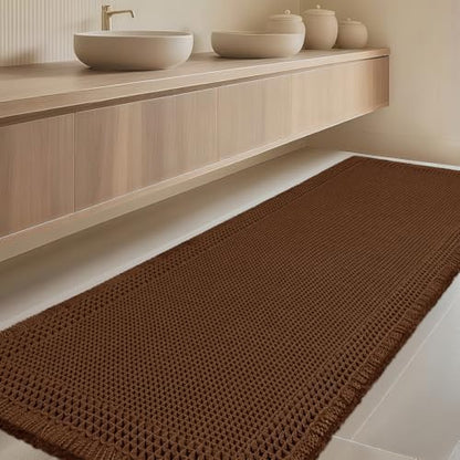 Extra Large Waffle Bath Mat, Boho Woven Modern Bath Rug Absorbent Non Slip, Ultra Soft Bathroom Mats, Machine Washable Knit Bath Rugs with Border for Bathroom, Bedroom, Kitchen, Shower, 6'x2', Brown