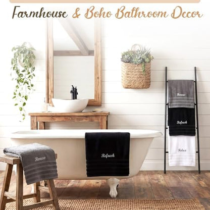Tiamon 3 Pcs Bathroom Towel Decorative Set 100% Cotton Fluffy Bath Hand Towels for Guest Gifts Farmhouse Kitchen Hand Towels Home (Black, White, Gray,55 x 28 Inch,Relax Renew Refresh)