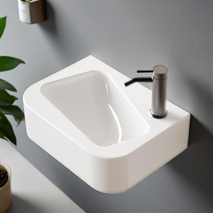 14"x10" Small Bathroom Sink Wall Mount Bathroom Sink Rectangle Ceramic Wash Basin floating Mini Vessel Sink for Bathrooms, Right Hand