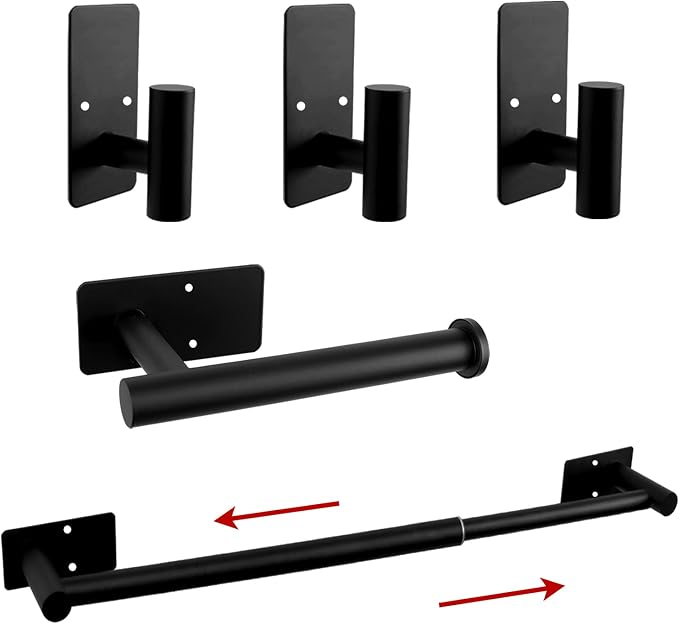 5 PCS Self Adhesive Bathroom Hardware Set, Stainless Steel Towel Rack Set Include Adjustable 24In Bath Towel Bar+Toilet Paper Holder+3 Towel/Robe Hooks Bathroom Accessory(Matte Black)