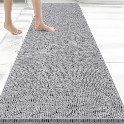 Bcoimo Bath Rug Mat,70x24 Chenille Non Slip Gray Long Bathroom Runner Rugs