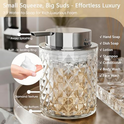Glass Bathroom Accessories Set 5Pcs Crystal Clear- Foaming Soap Dispenser, Soap Dish, Cup, Acrylic Toothbrush Holder with Tray Organizer, Cotton Swab Jar, Bathroom Counter Set Sink Decor