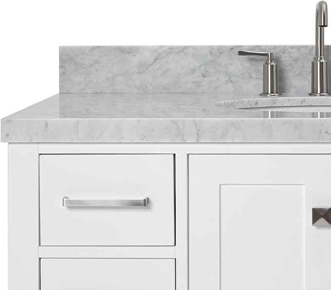 ARIEL Cambridge 42-inch Bathroom Vanity with Sink,Solid Wood, 1.5-inch Italian Carrara Marble Countertop & Backsplash, Single Oval Porcelain Sink, 2 Soft Closing Doors, 9 Dovetail Drawers, White