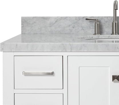 ARIEL Cambridge 42-inch Bathroom Vanity with Sink,Solid Wood, 1.5-inch Italian Carrara Marble Countertop & Backsplash, Single Oval Porcelain Sink, 2 Soft Closing Doors, 9 Dovetail Drawers, White