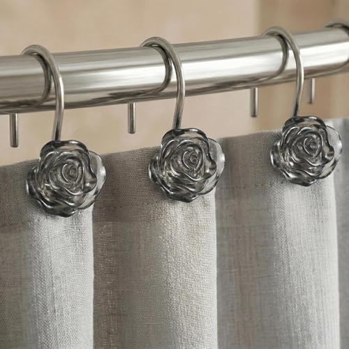 Grey Rose Shower Curtain Hooks: Cute Flower Bathroom Curtain Rings, 12Pcs