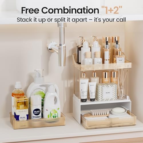 Delamu 4-Tier Makeup Organizer, Bathroom Counter Storage, 2 Drawers, Amber