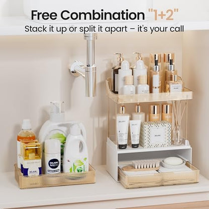 Delamu 4-Tier Makeup Organizer, Bathroom Counter Storage, 2 Drawers, Amber