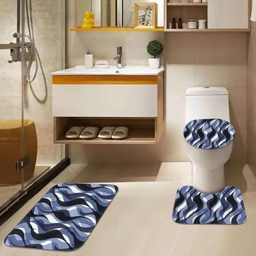Bathroom Sets with Shower Curtain and Rugs, 4 Pcs, Geometric Blue