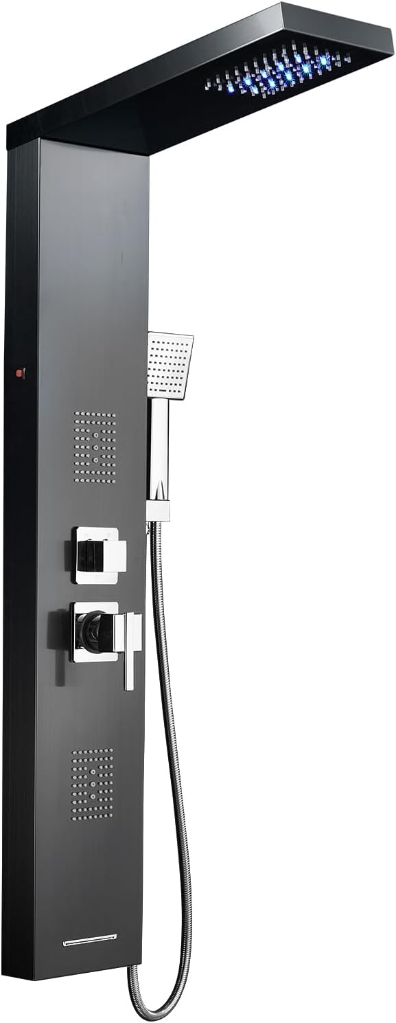 MENATT Stainless Steel Shower Tower Panel System with LED Waterfall Shower, 5-in-1 Shower Panels with Rainfall Shower Head, 2-in-1 Body Jets,Handheld Showerhead,Bathtub Filler (Black)