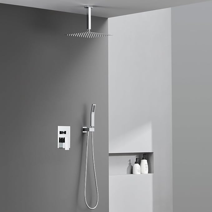 Shower System 12 Inches Rain Shower Combo Set Chrome Ceiling Mount Shower Faucet Bathroom Faucets with Rainfall Shower Head and Hand Shower