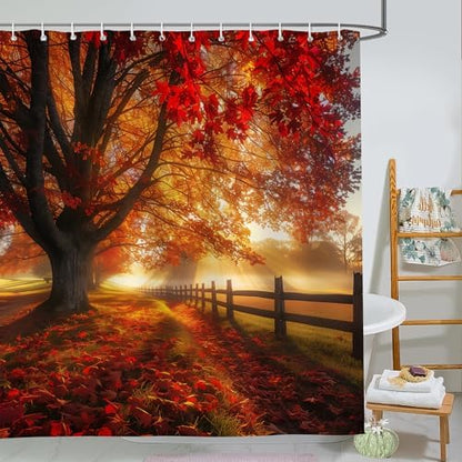 Fall Decor Shower Curtain, Golden Autumn Forest Leaves Natural Sunshine Farmhouse Bathroom Decor，Waterproof Cloth Fabric Bathroom Curtain Set with Hooks 72 x 72 inch