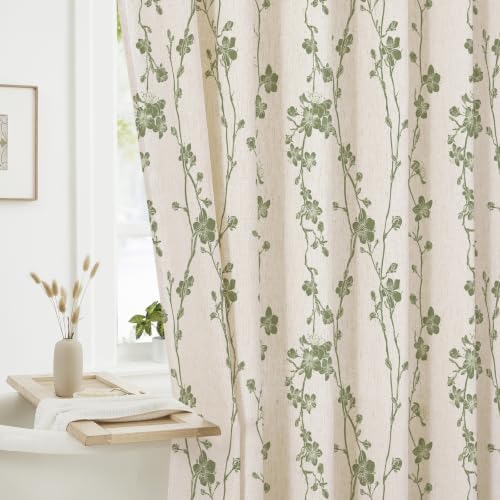Sage Green Farmhouse Linen Shower Curtain, Boho Floral Fabric, 72 x 78