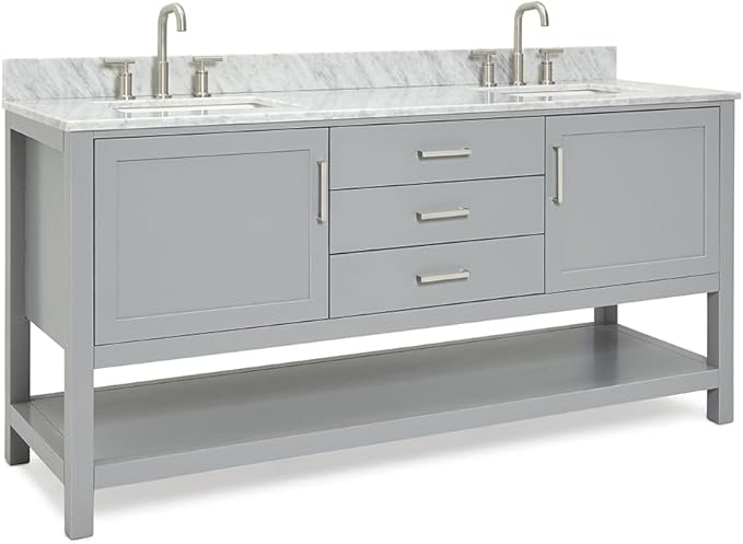 ARIEL Bayhill 72-inch Bathroom Vanity with Sink,Solid Wood, 0.75-inch Italian Carrara Marble Countertop, Double Rectangular Porcelain Sink, 2 Soft Closing Doors, 3 Dovetail Drawers, Grey
