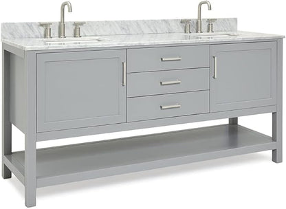 ARIEL Bayhill 72-inch Bathroom Vanity with Sink,Solid Wood, 0.75-inch Italian Carrara Marble Countertop, Double Rectangular Porcelain Sink, 2 Soft Closing Doors, 3 Dovetail Drawers, Grey