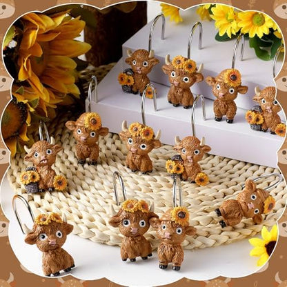Roowest 12 Pcs Highland Cow Shower Curtain Hooks Sunflower Farmhouse