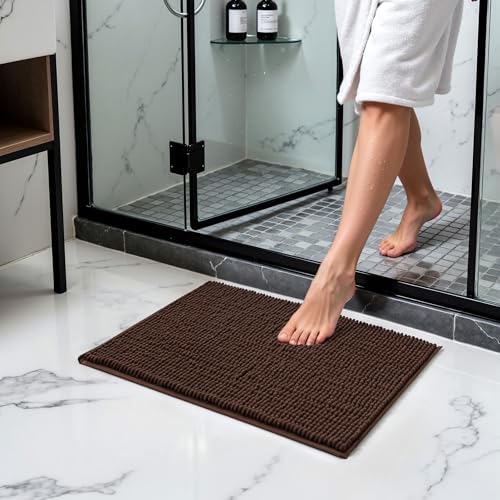 SUBRTEX Bathroom Rugs Chenille Bath Rug Soft Short Plush Bath Mat Soft Shower Mat Water Absorbent Shower Mat Quick Dry Machine Washable(Chocolate,18" x 24")