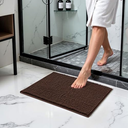 SUBRTEX Bathroom Rugs Chenille Bath Rug Soft Short Plush Bath Mat Soft Shower Mat Water Absorbent Shower Mat Quick Dry Machine Washable(Chocolate,18" x 24")