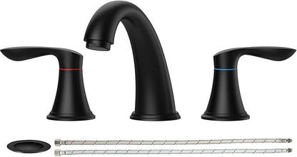 Bathroom Faucet, 8 Inch Bathroom Faucets for Sink 3 Hole, Widespread Brushed Nickel Bathroom Faucet with Pop up Drain and cUPC Lead-Free Hose (Matte Black)