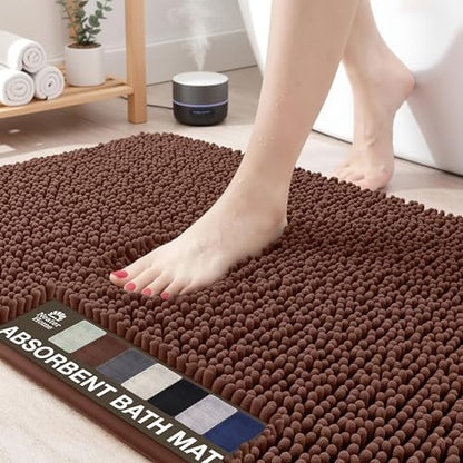 Neater Home Plush Bathroom Rugs 27x17 Thick Chenille Quick Dry Microfiber Absorbent Bath Mat, Soft Bath Rugs, Machine Washable Bathroom Floor Mat for Tub Shower Sink, Home Decor Accessories, Brown