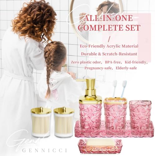 Pink Bathroom Accessories 7 Pcs, Pink Bathroom Set, Acrylic Soap Dispenser and Toothbrush Holder Set, Qtip Holder Set, Bathroom Sink Set, Gift for Home Apartment