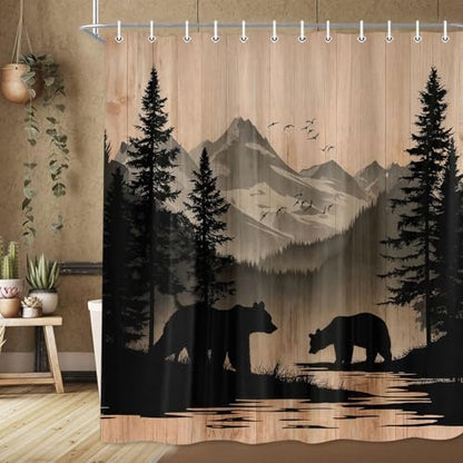 Rustic Cabin Shower Curtain, Mens Outdoor Bear Forest Wildlife Country Farmhouse Bath Curtains, Hunting Camping Camper RV Waterproof Fabric Bathroom Decor Accessories Set with Hooks,60X70IN