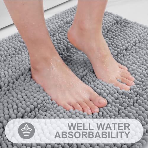 Grandaily Chenille Striped Bathroom Rugs 59x20, Extra Thick and Absorbent Bath Mats, Non-Slip Soft Plush Shaggy Shower Carpet, Machine Wash Dry, Bath Rug for Bathroom, Light Grey
