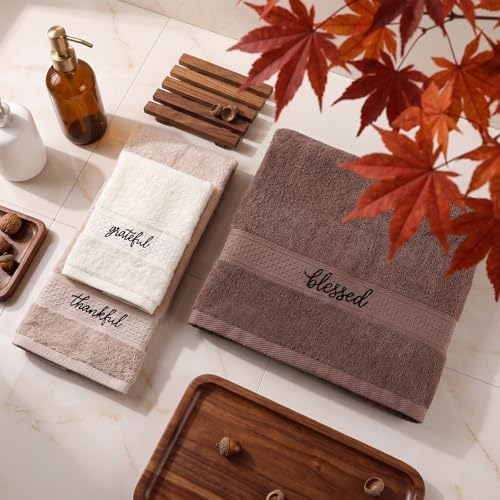 Hahafelt Decorative Bathroom Towel Set,Earth Tones,Grateful Thankful Blessed