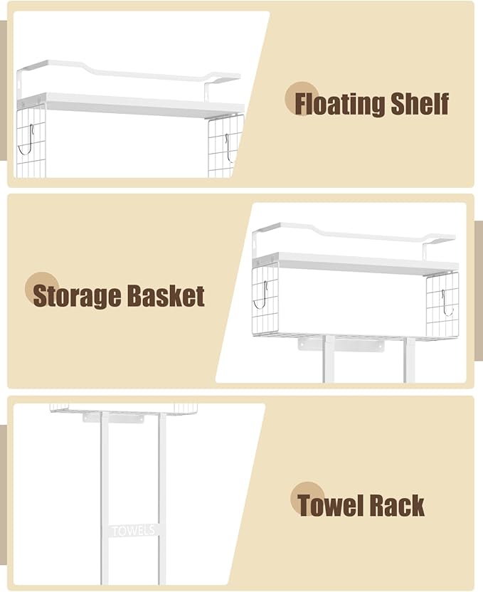 Aetyord Towel Racks for Bathroom 31inch Wall Mounted Towel Rack,Floating Shelf with Wood Plank,Towel Storage for Bathroom Can Holds 6 Large Rolled Towels,All White