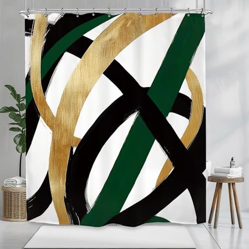 Abstract Modern Minimalist Shower Curtain 60Wx72L Inch Black Emerald Green Gold Line Contemporary Art Neutral Simple Bathroom Set Accessories Decor with 12 Pack Hooks