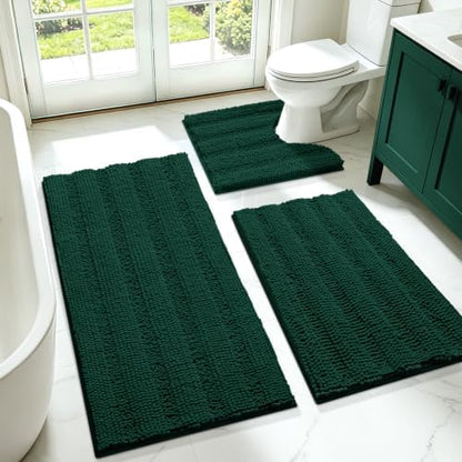 Christmas Striped Deep Green Bathroom Rug Set 3 Pieces Ultra Soft, Non Slip Chenille Bath Carpet, Absorbent Plush Shaggy Bath Mats for Bathroom, Toilet, Bedroom, Kitchen