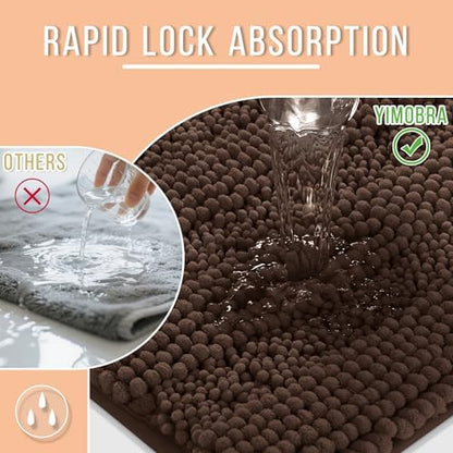 Yimobra Bathroom Rug Mat 32 x 20, Non Slip and Super Absorbent Bath Mat,Machine Washable Quick Dry,Ultra Plush Chenille Shower Rugs for Bathroom Floor Sink Tub and Shower Outside,Brown