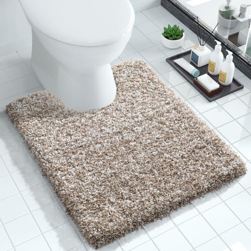 Yimobra Toilet Rugs U Shaped Washable 24X20, Ultra Soft and Water Absorbent Bath Mats, Non Slip Fluffy Shaggy Luxury Microfiber Contour Bath Rugs for Toilet, Dry Quick, Light Brown and White