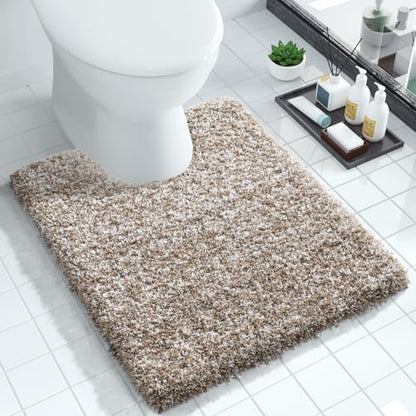 Yimobra Toilet Rugs U Shaped Washable 24X20, Ultra Soft and Water Absorbent Bath Mats, Non Slip Fluffy Shaggy Luxury Microfiber Contour Bath Rugs for Toilet, Dry Quick, Light Brown and White