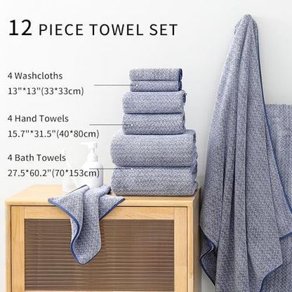 Ultra Soft Bath Towel Set,12 Piece (4 Bath Towels,4 Hand Towels,4 Washcloths) Family Bathroom Towel Set with Hanging Loops,Quick Dry Extra Absorbent Fluffy Shower Towel for Bathroom,Hotel,Spa-Navy