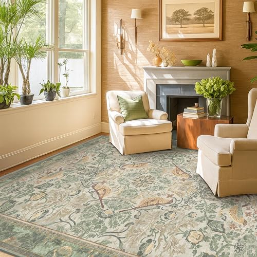 Hazo Haus 5x8 Vintage Sage Green Area Rug, Washable Botanical Bird Pattern Rug for Living Room Bedroom, Non-Slip Stain Resistant Boho French Country Low Pile Carpet