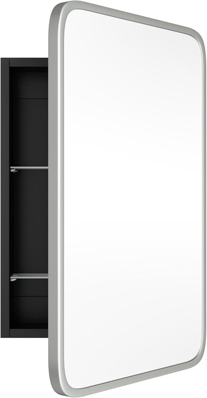 Vintage-Style Bathroom Wood Black Cabinet with 16.5''x24'' Brushed Nickel Metal Frame Curved Mirror, Recessed Medicine Cabinet, Bathroom Storage Cabinet