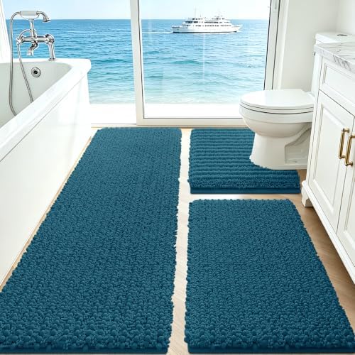 ACCUMTEK Upgrade Extra Large Teal Blue Bathroom Rug Set 3 Pieces Ultra Soft, Thick Absorbent Bath Mats, Non Slip Chenille Toilet Mat for Bathroom, Bedroom, Kitchen