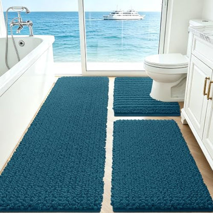 ACCUMTEK Upgrade Extra Large Teal Blue Bathroom Rug Set 3 Pieces Ultra Soft, Thick Absorbent Bath Mats, Non Slip Chenille Toilet Mat for Bathroom, Bedroom, Kitchen