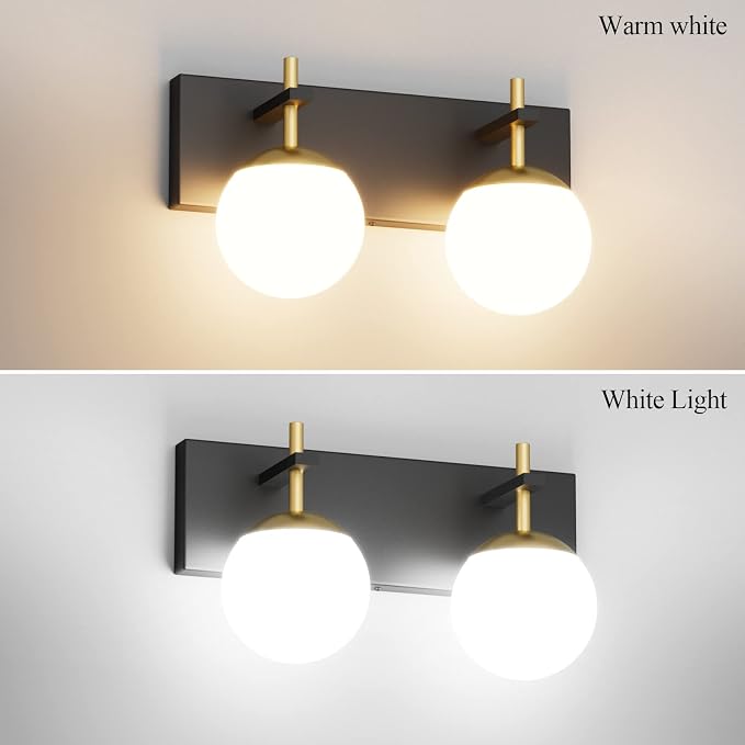 Ralbay 2-Light Black and Gold Vanity Lights Mid Century Modern Bathroom Wall Lighting Milky Glass Globe Black Gold Vanity Light for Bathroom